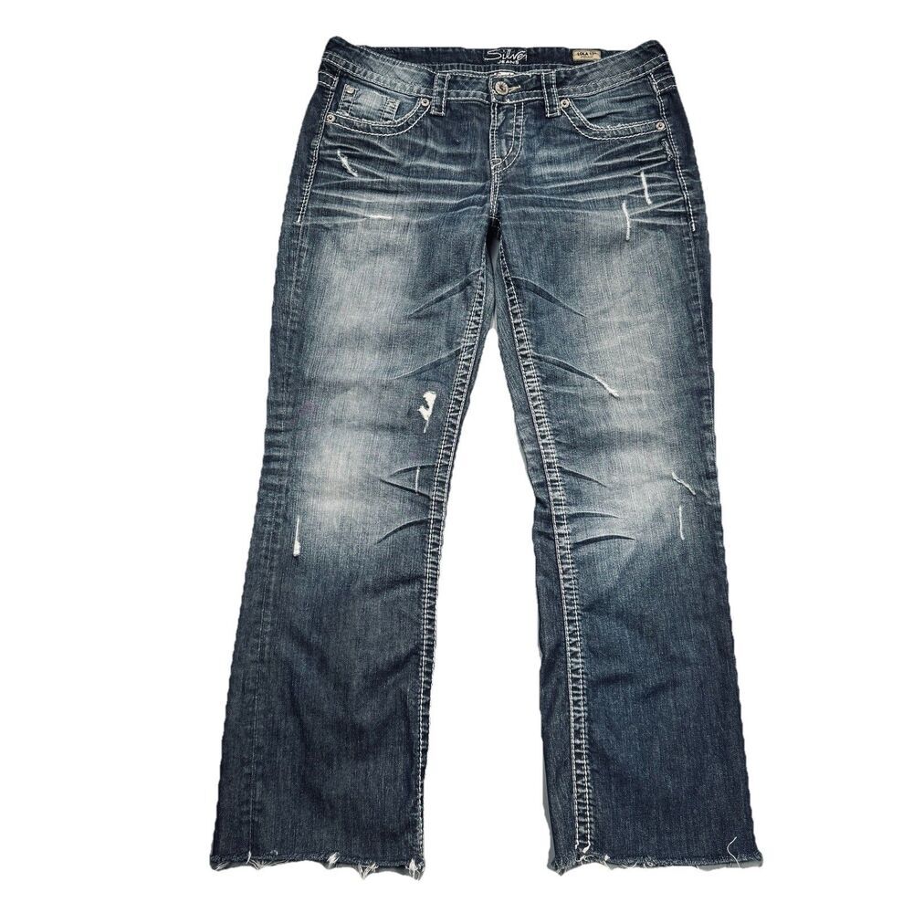 Silver Jeans Lola 17” Straight 32 (34x29) Altered Blue Distressed Denim Womens